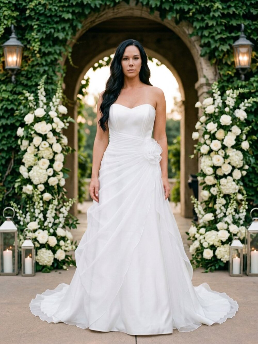 David's Bridal Strapless White Wedding Gown with Draped Organza A-Line